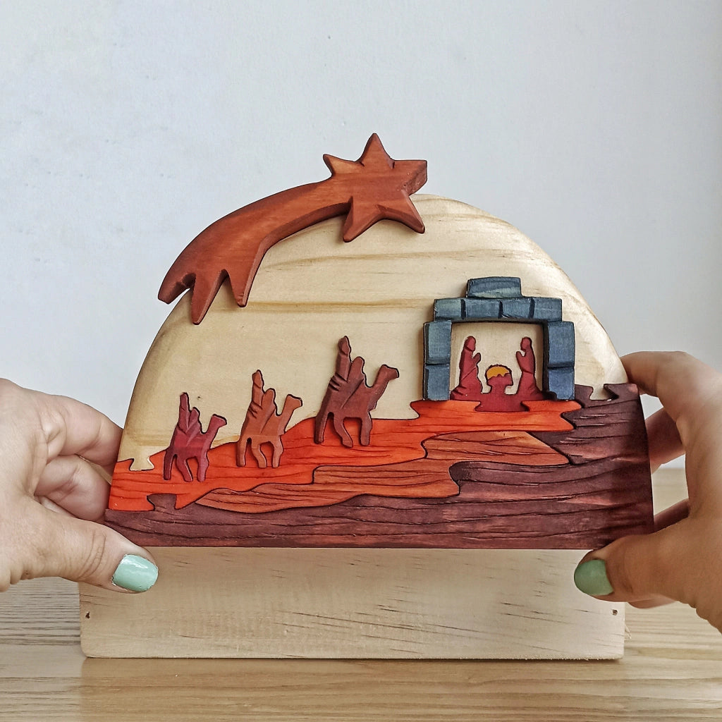 Three Kings on Camels Wooden Nativity Scene
