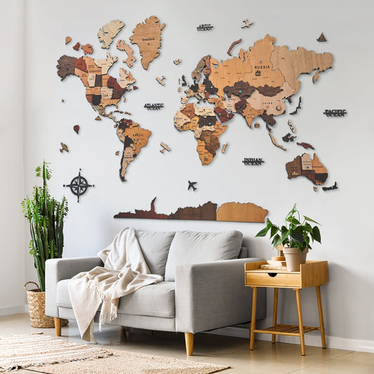 3D Wooden World Map Wall Art – Handmade Multilayer Travel Map