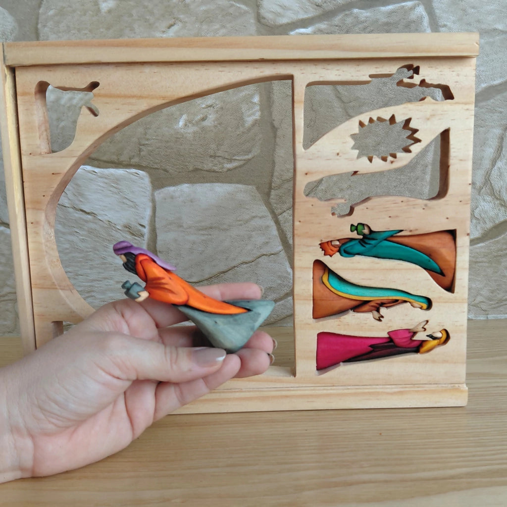 Deluxe 3D Wooden Nativity Set with Sliding-Lid Wooden Case