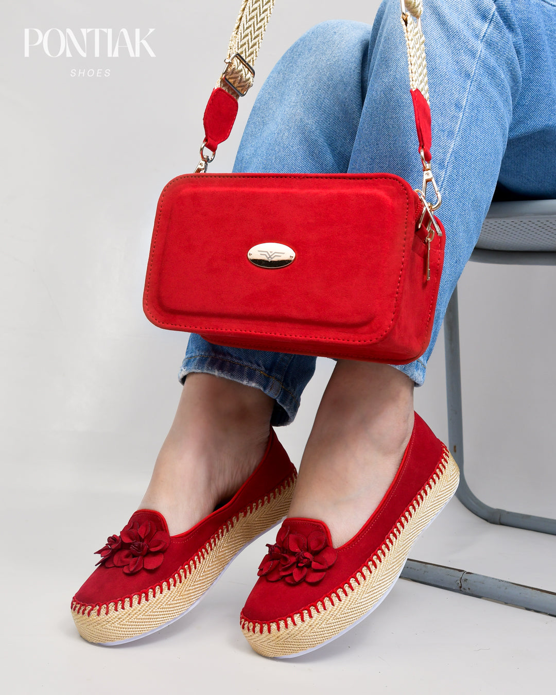 Suede Red Flower Bud Shoes & Handbag Set by Pontiak