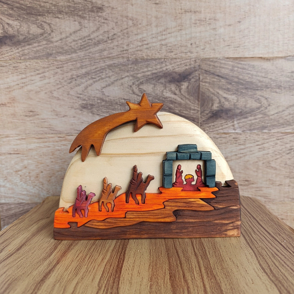 Three Kings on Camels Wooden Nativity Scene