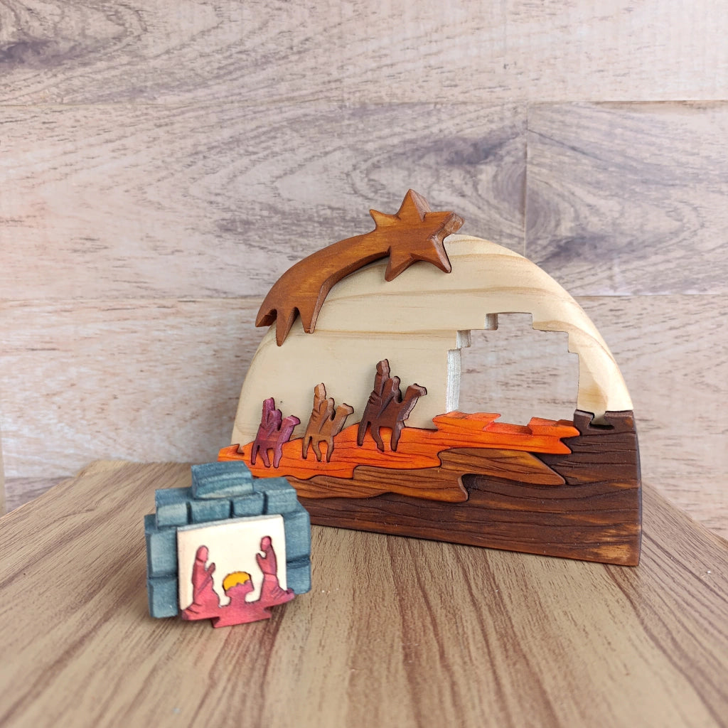 Three Kings on Camels Wooden Nativity Scene