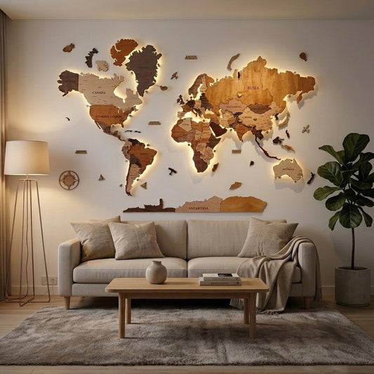 3D Wooden World Map with LED Lights – Handmade Wall Art